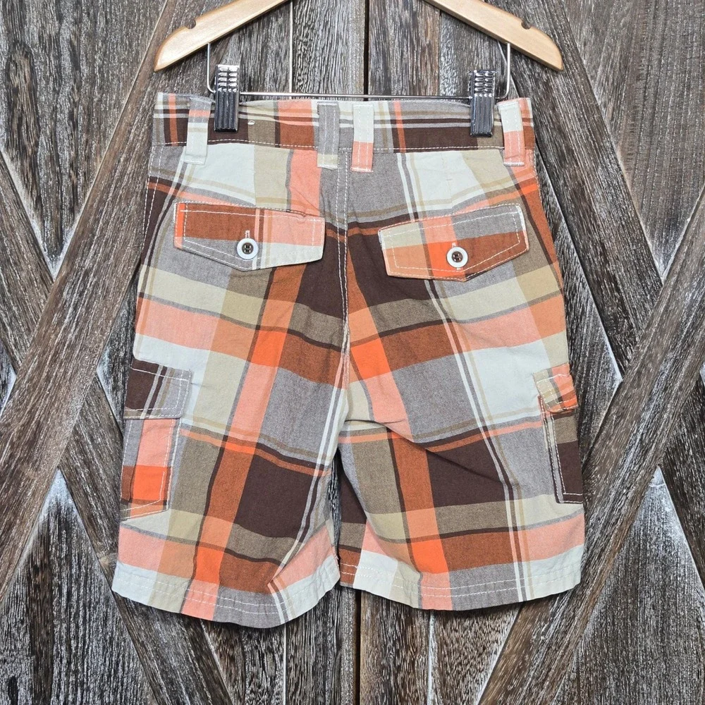 Carters Plaid Cargo Shorts Orange Brown‎ Beige Kids Size 5 Cotton Blend